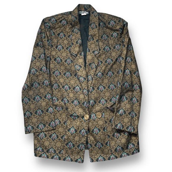Vintage 90s Black Oversized Brocade Jacquard Blazer Metallic Statement Jacket - Picture 6 of 12